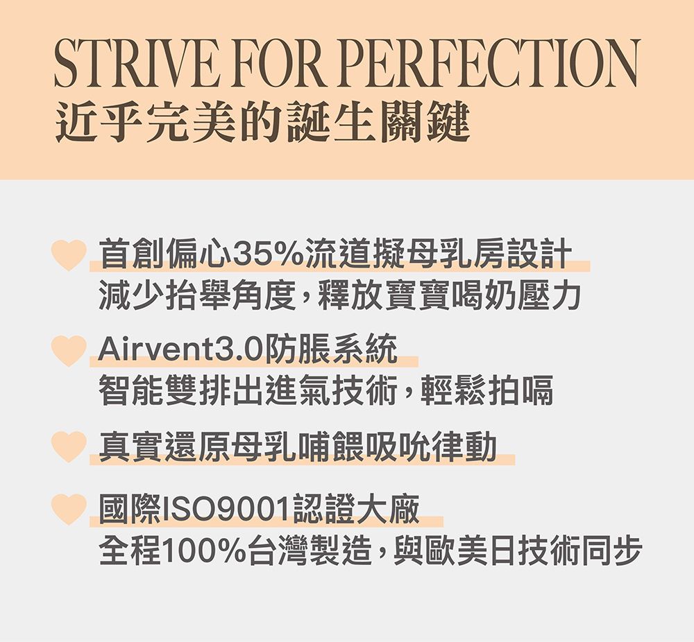 STRIVE FOR PERFECTION近乎完美的誕生關鍵首創偏心35%流道擬母乳房設計減少抬舉角度,釋放寶寶喝奶壓力Airvent3.0防系統智能雙排出進氣技術,輕鬆拍嗝真實還原母乳哺餵吸吮律動國際ISO9001認證大廠全程100%台灣製造,與歐美日技術同步