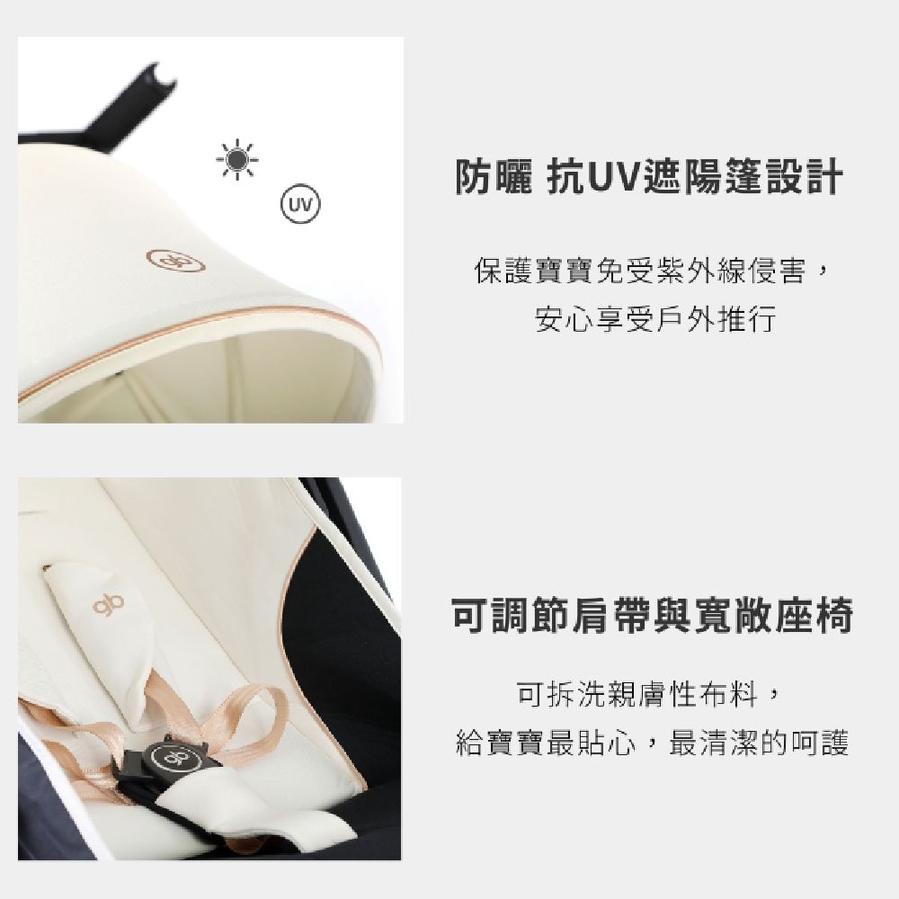 防曬 抗UV遮陽篷設計保護寶寶免受紫外線侵害,安心享受戶外推行可調節肩帶與寬敞座椅可拆洗親膚性布料,給寶寶最貼心,最清潔的呵護