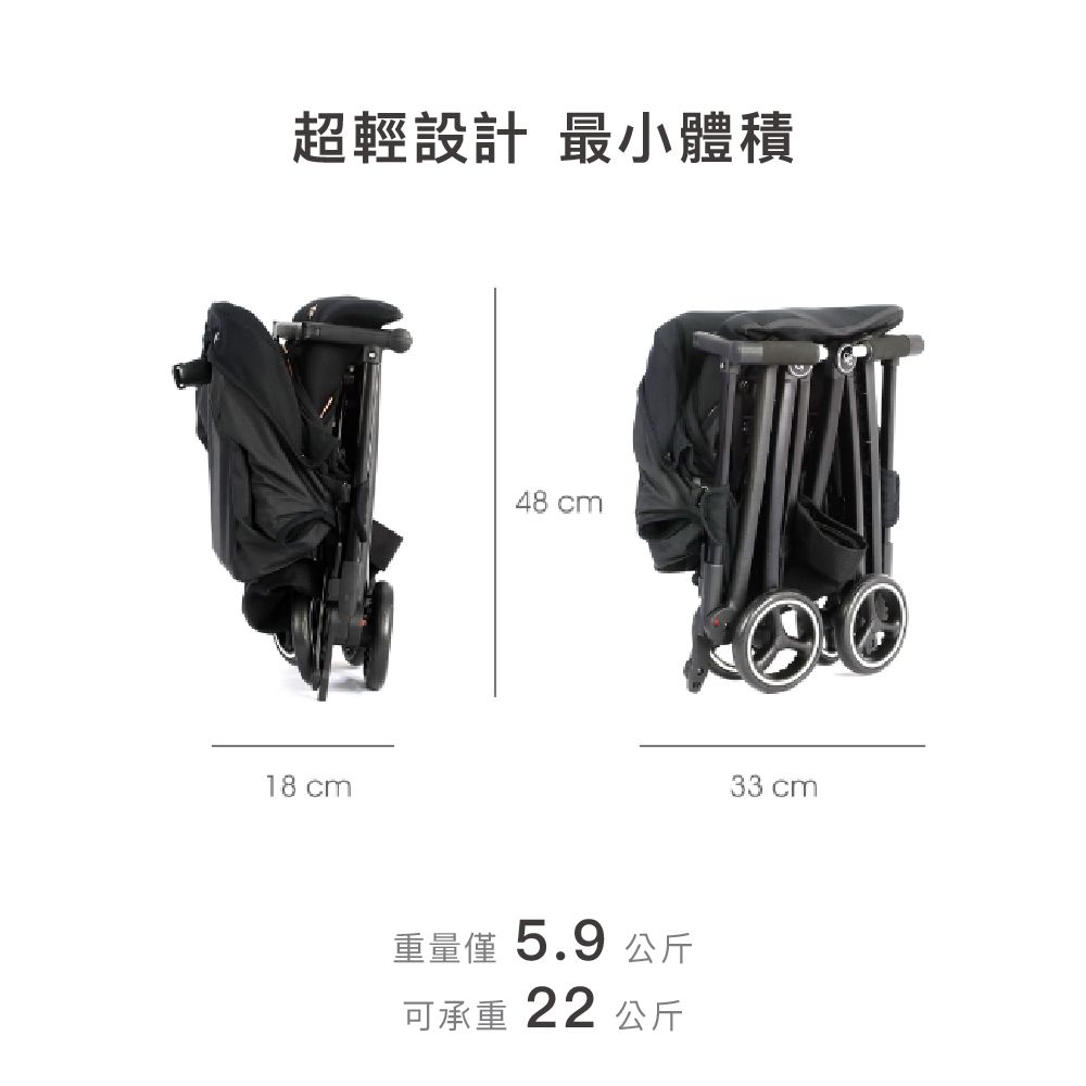 超輕設計 最小體積18 cm48 cm重量僅5.9公斤可承重22 公斤33 cm