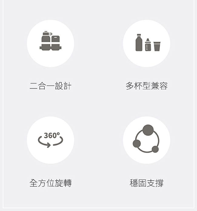 二合一設計多杯型兼容360全方位旋轉穩固支撐
