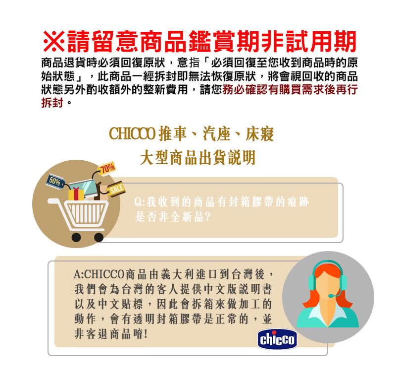 ※請留意商品鑑賞期非試用期商品退貨時必須回復原狀,意指「必須回復至您收到商品時的原始狀態」,此商品一經拆封即無法恢復原狀,將會視回收的商品狀態另外酌收額外的整新費用,請您務必確認有購買需求後再行拆封。CHICCO 推車、汽座、床寢50%-70%大型商品出貨說明SALEQ:我收到的商品有封箱膠帶的痕跡是否非全新品?A:CHICCO商品由義大利進口到台灣後,我們會為台灣的客人提供中文版說明書以及中文貼標,因此會拆箱來做加工的動作,會有透明封箱膠帶是正常的,並非客退商品唷!