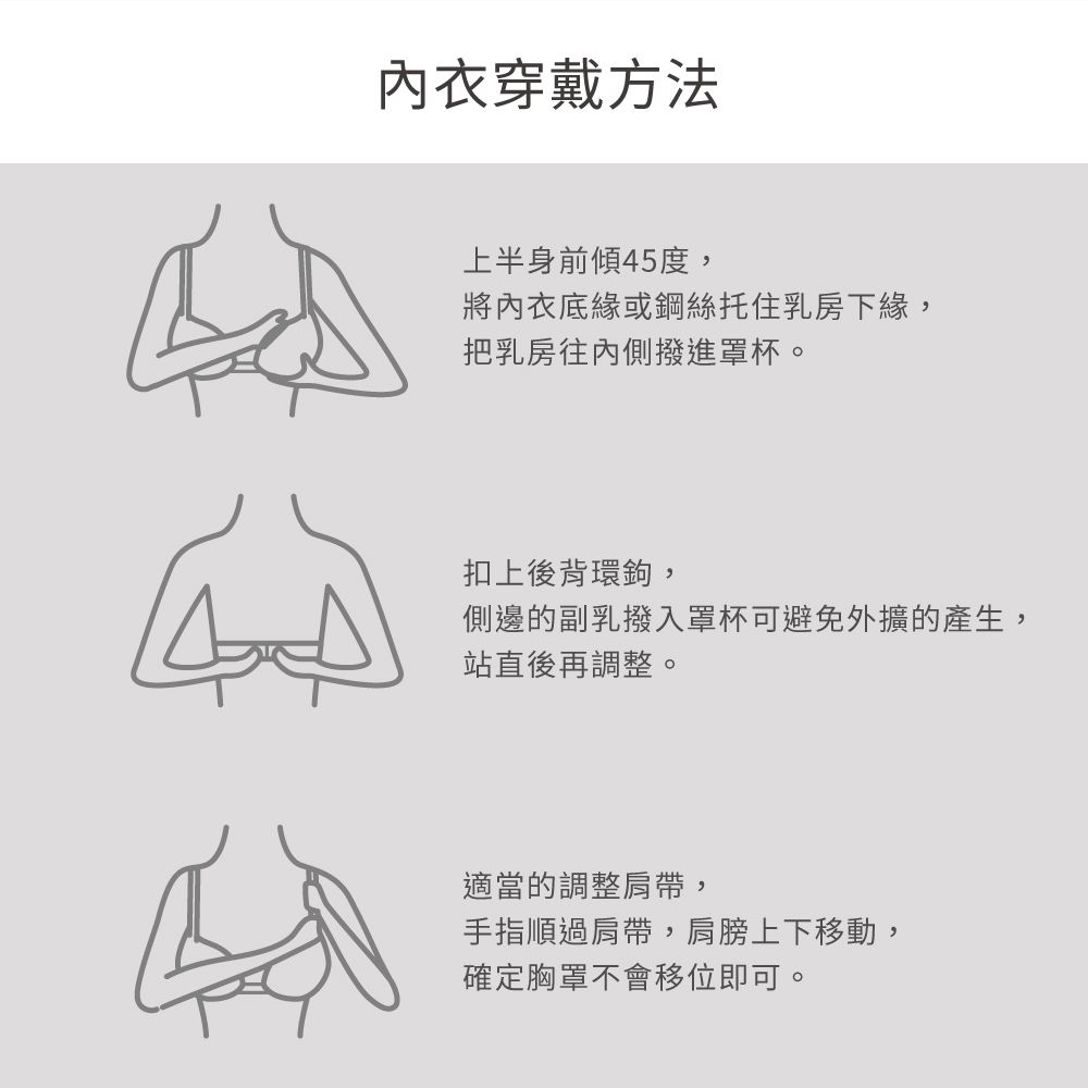 內衣穿戴方法上半身45度,將內衣底緣或鋼絲托住乳房下緣,把乳房往內側撥進罩杯。扣上後背環鉤,側邊的副乳撥入罩杯可避免外擴的產生,站直後再調整。適當的調整肩帶,手指順過肩帶,肩膀上下移動,確定胸罩不會移位即可。