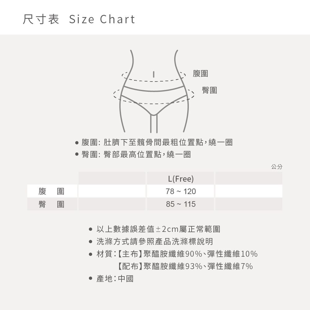 尺寸表 Size Chart腹圍臀圍腹圍:肚臍下至髖骨最粗位置點,繞一圈臀圍:臀部最高位置點,繞一圈L(Free)78 12085 115公分 以上數據誤差值±2cm屬正常範圍 洗滌方式請參照產品洗滌標說明 材質:【主布】聚醯胺纖維90%、彈性纖維10%【配布】聚醯胺纖維93%、彈性纖維7% 產地:中國