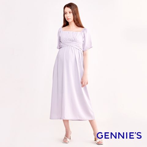 Gennies 奇妮 法式方領收腰孕婦洋裝(紫)