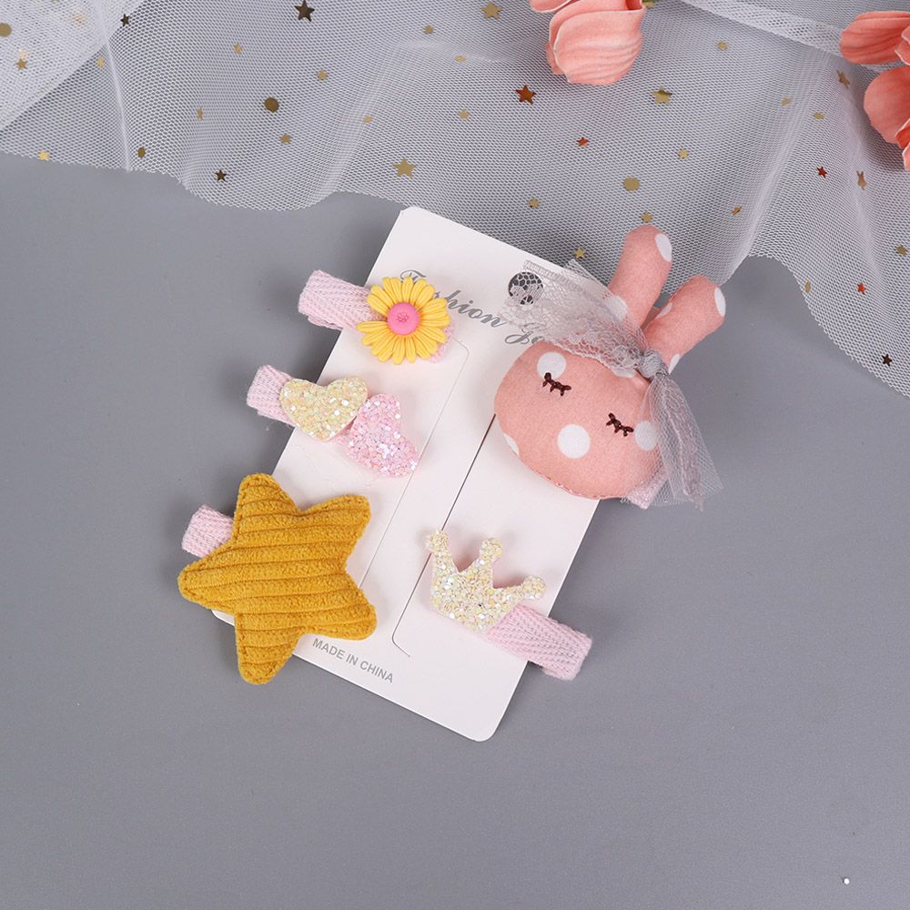 UNICO  兒童甜美蕾絲兔兔皇冠星星全包邊布邊夾髮夾-5入