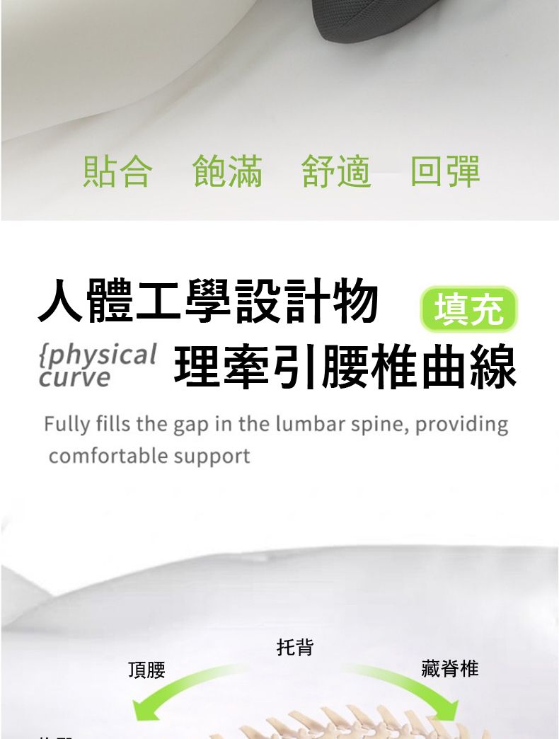 貼合飽滿 舒適 回彈人體工學設計物 填充physicalFully fills the gap in the lumbar spine, providingcomfortable support頂腰托背藏脊椎