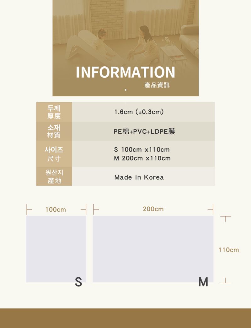 INFORMATION產品資訊두께厚度소재材質사이즈尺寸원산지產地1.6cm (0.3cm)PE+PVC+LDPE 100cm x110cmM 200cm x 110cmMade in Korea100cm200cm110cmΣ