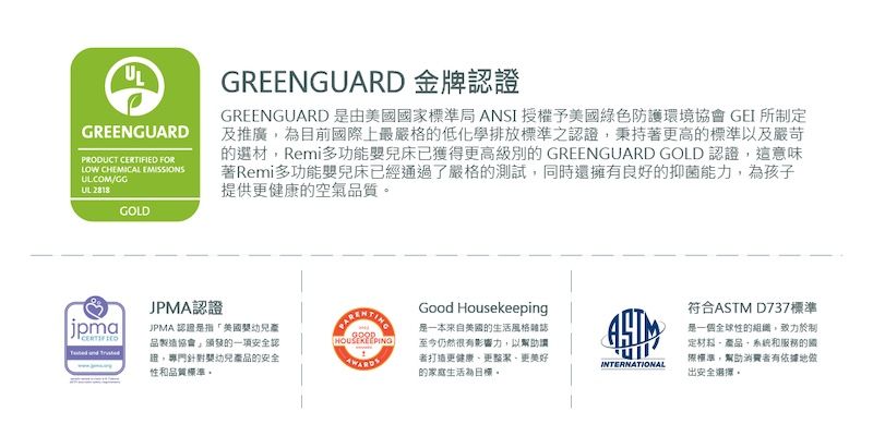 GREENGUARD 金牌認證GREENGUARDPRODUCT FORLOW CHEMICAL EMISSIONSUL.COM/GGGREENGUARD是由美國國家局 ANSI 授權予美國綠色防護環境協會 GEI所定及推廣目前國際上最嚴格低化學排放標準之認證秉持著更高的標準以及嚴苛的選材Remi多功能嬰兒床已獲得更高級別的 GREENGUARD GOLD 認證,這意味著Remi多功能嬰兒床已經通過了嚴格的測試,同時還擁有良好的抑菌能力,為孩子提供更健康的空氣品質GOLDJPMA認證jpmaCERTIFIEDJPMA 認證是指「美國嬰幼兒產品製造協會」頒發的一項安全認證,專門針對嬰幼兒產品的安全和品質標準化GOODGood Housekeeping是一本來自美國的生活風格雜誌至今仍然很有影響力,以幫助讀者打造更健康更、更美好的家庭生活為。INTERNATIONAL符合ASTM D737標準是一個全球性的組織,致力於制定材料、產品,系統和服務的標準,幫助消費者有依據地做出安全選擇。