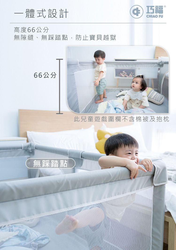 一體式設計高度66公分無隙縫、無踩踏點,防止寶貝越獄 巧福CHIAO FU66公分無踩踏點此兒童遊戲圍欄不含棉被及抱枕