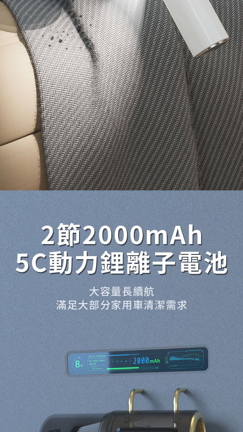 2節5C動力鋰離子電池大容量長續航滿足大部分家用車清潔需求8/2000mAh