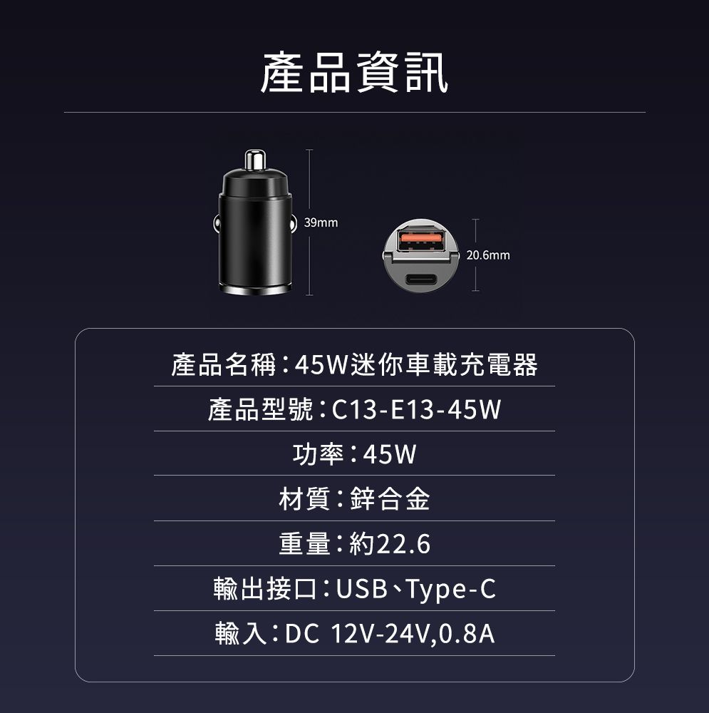 產品資訊 39mm20.6mm產品名稱:45W迷你車載充電器產品型號:C13-E13-45W功率:45W材質:鋅合金重量:約22.6輸出接口:USB、Type-C輸入:DC12V-24V,0.8A