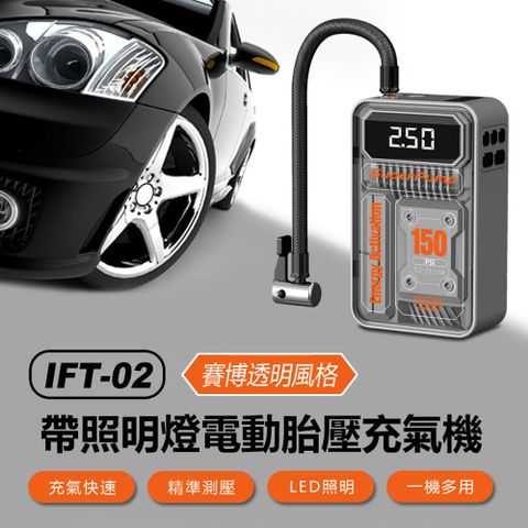 IFT-02 賽博透明風格 帶照明燈電動胎壓充氣機 車載補氣泵 數顯螢幕 輪胎/球類打氣筒