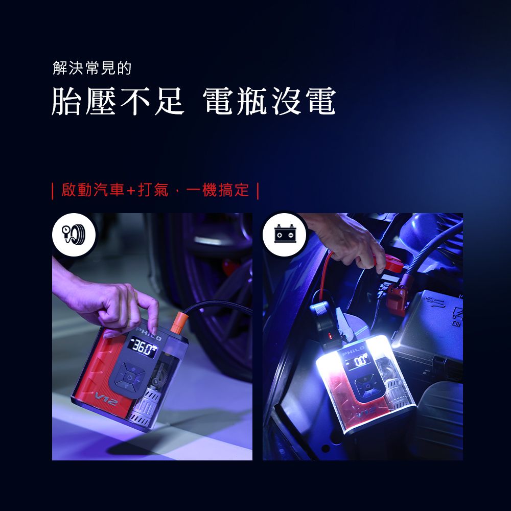 解決常見的胎壓不足 電瓶沒電|啟動汽車+打氣,一機搞定 |PHILO