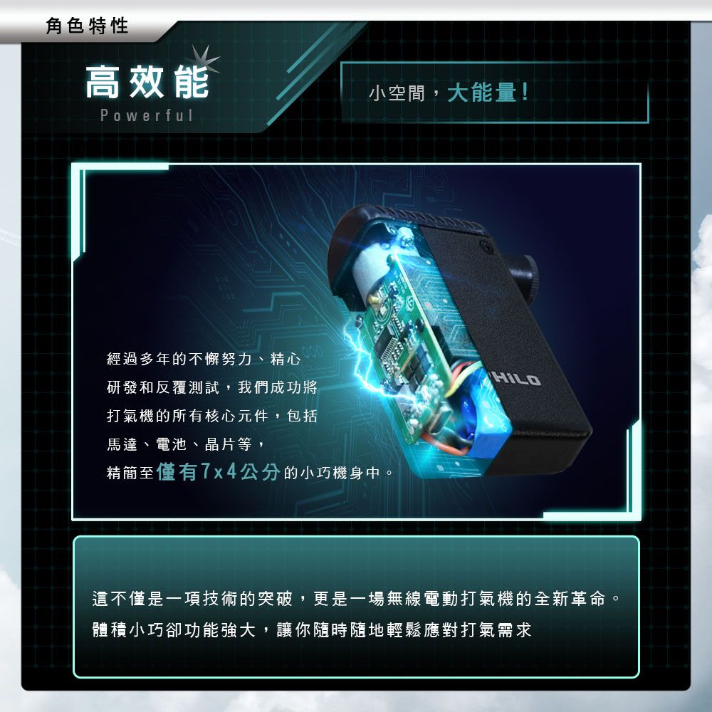 角色特性高效能小空間,大能量!Powerful經過多年的不懈努力、精心研發和反覆測試,我們成功將打氣機的所有核心元件,包括馬達、電池、晶片等,精簡至僅有7x4公分的小巧機身中。這不僅是一項技術的突破,更是一場無線電動打氣機的全新革命。體積小巧卻功能強大,讓你隨時隨地輕鬆應對打氣需求