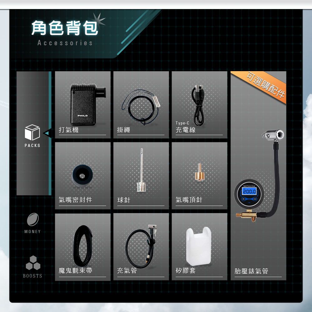 角色背包AccessoriesPACKSMONEY打氣機PHILOType-C掛繩充電線可選購配件200.0氣嘴密封件球針氣嘴頂針0魔鬼氈束帶充氣管矽膠套胎壓錶氣管BOOSTS
