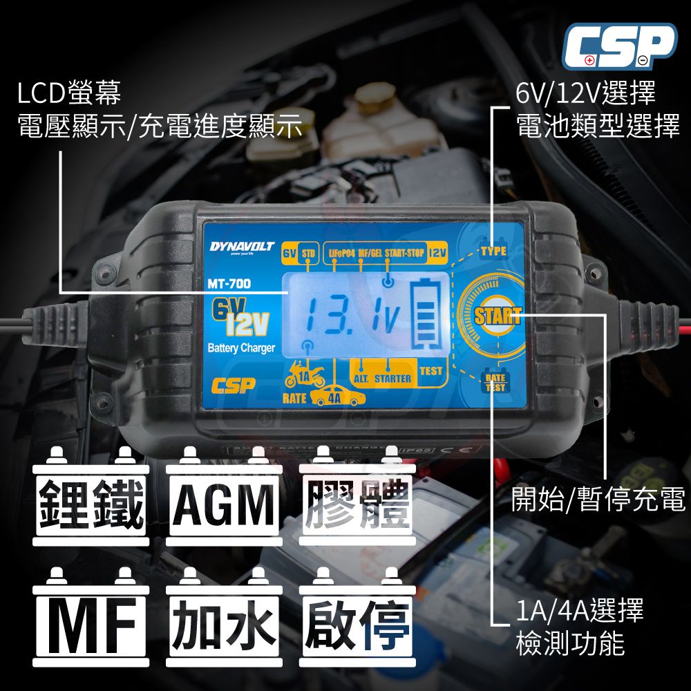 CSP MT700 修復電池 汽車 機車 充電器 EFB AGM 一年保固 充電 檢測 維護 鉛酸 加水 鋰電池