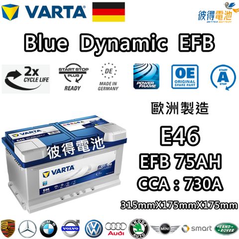 VARTA 華達 E46 EFB 75AH LBN4汽車電瓶 怠速熄火車(德國進口歐洲製造)