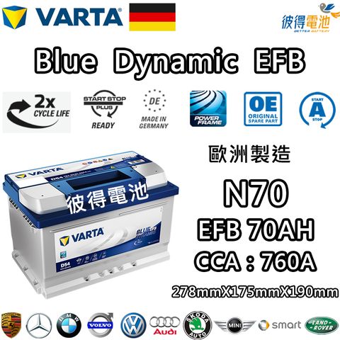 【VARTA 華達】N70 EFB 70AH LN3汽車電瓶 怠速熄火車(德國製造)