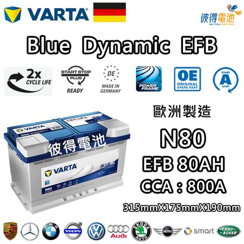 VARTA 華達 N80 EFB 80AH LN4汽車電瓶 怠速熄火車(德國進口歐洲製造)