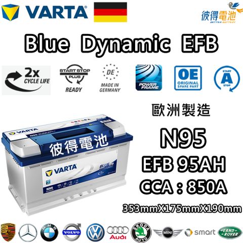 VARTA 華達 N95 EFB 95AH LN5汽車電瓶 怠速熄火車(德國進口歐洲製造)