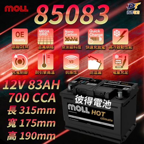 moll 85083 HOT Climate電瓶 高性能 12V 83AH 700CCA 免加水汽車電池 德國製