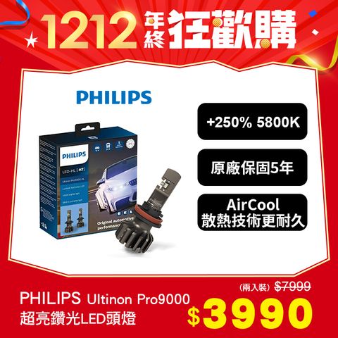 PHILIPS 飛利浦 Ultinon Pro9000 LED超亮鑽光頭燈兩入裝(公司貨) +200%