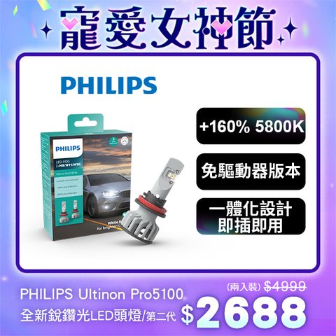 PHILIPS 飛利浦 Ultinon Pro5100全新銳鑽光LED頭燈第二代兩入裝5800K+160%(公司貨)
