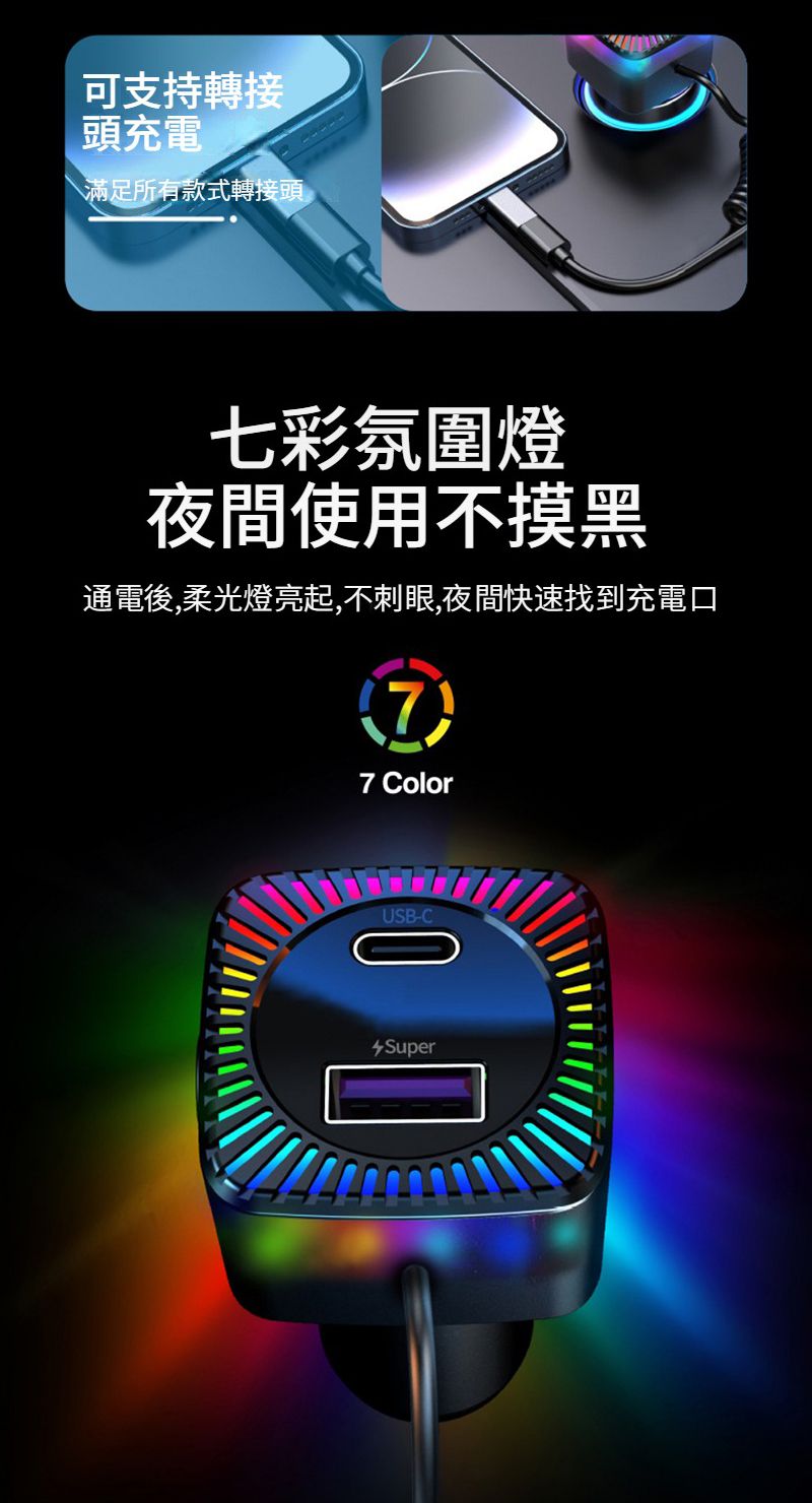 可支持轉接頭充電滿足所有款式轉接頭七彩氛圍燈夜間使用不摸黑通電後,柔光燈亮起,不刺眼,夜間快速找到充電口77 ColorUSB-CSuper