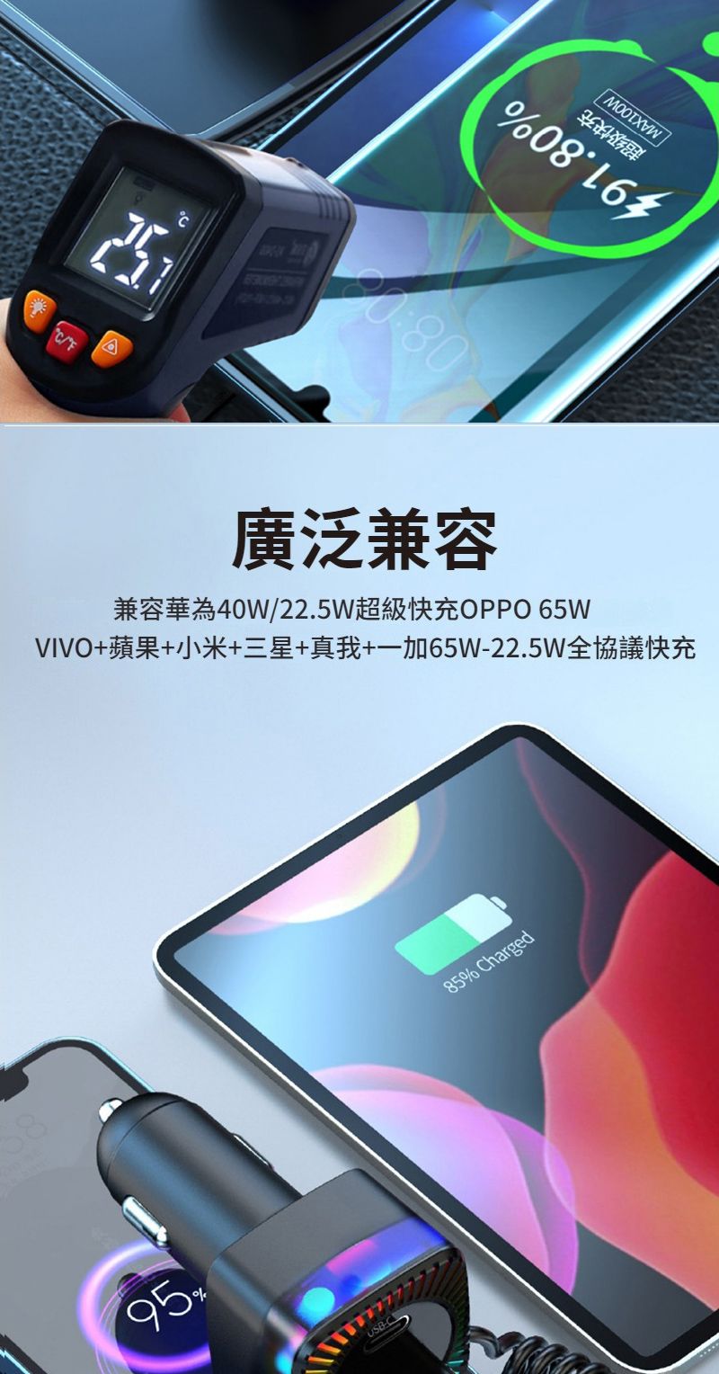 /F25C08廣泛兼容兼容華為40W/22.5W超級快充OPPO 65WVIVO+蘋果+小米+三星+真我+一加65W22.5W全協議快充95%USB-C85% Charged