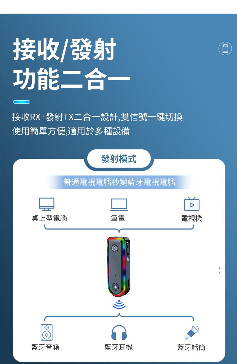 接收/發射功能二合一接收RX+發射TX二合一設計,雙信號一鍵切換使用簡單方便,適用於多種設備發射模式普通電視電腦秒變藍牙電視電腦桌上型電腦筆電電視機藍牙音箱藍牙耳機藍牙話筒