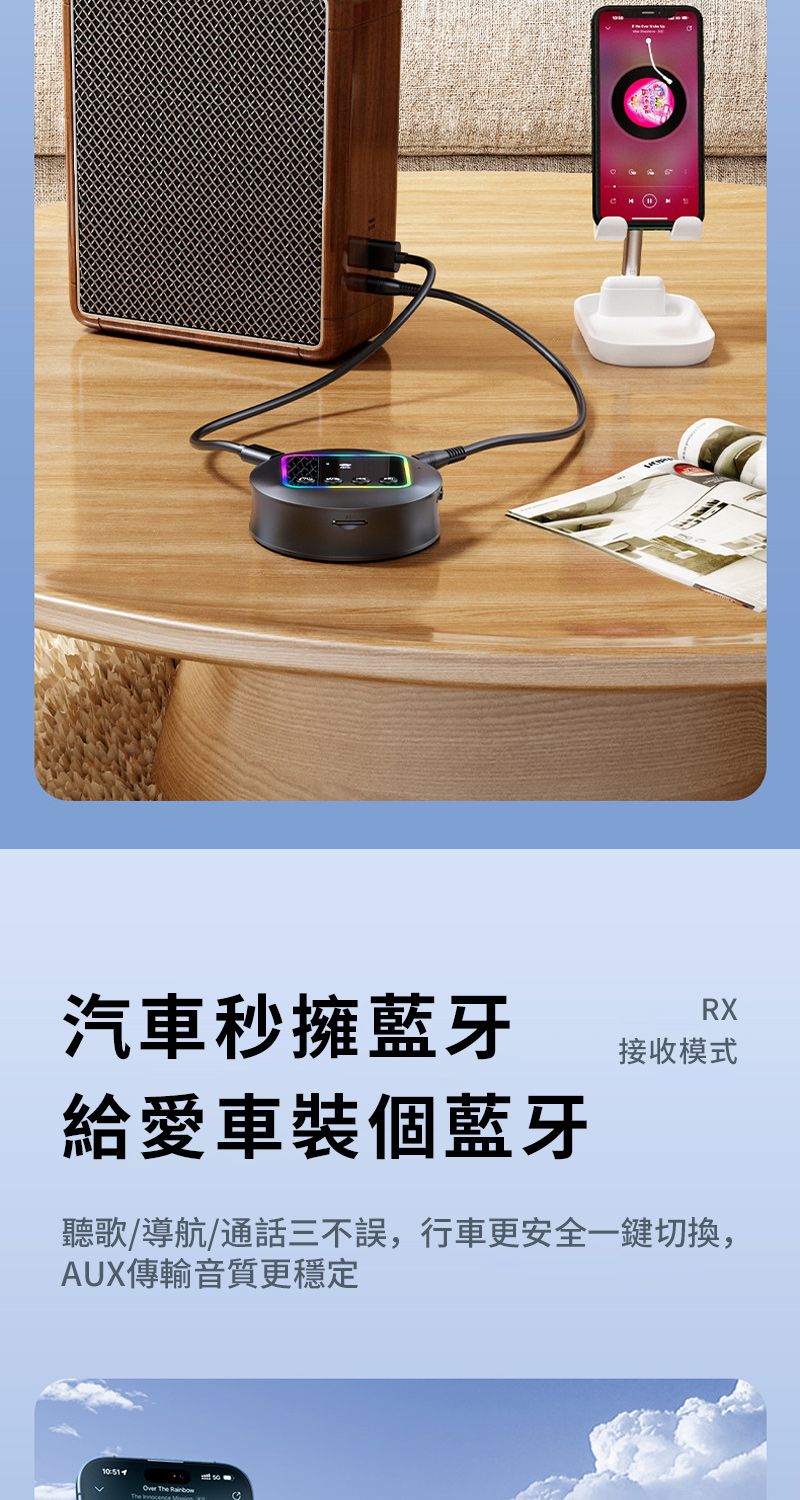 汽車秒擁藍牙給愛車裝個藍牙RX接收模式聽歌/導航/通話三不誤,行車更安全一鍵切換,AUX傳輸音質更穩定Over The