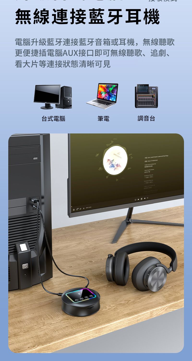 無線連接藍牙耳機電腦升級藍牙連接藍牙音箱或耳機,無線聽歌更便捷插電腦UX接口即可無線聽歌、追劇、看大片等連接狀態清晰可見台式電腦筆電調音台A