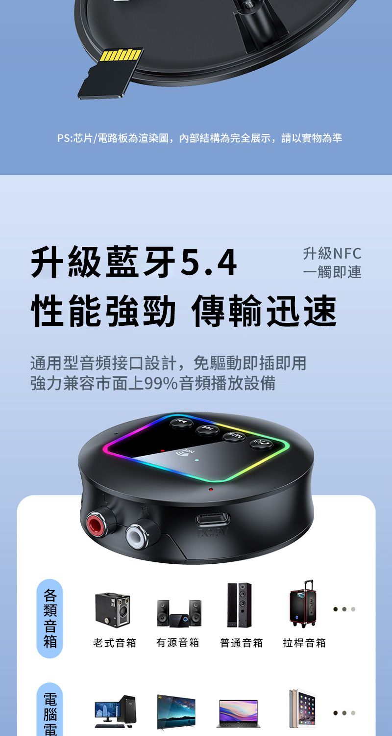 PS:芯片/路板為渲染圖,內部結構為完全展示,請以實物為準升級藍牙5.4升級NFC一觸即連性能強勁 傳輸迅速通用型音頻接口設計,免驅動即插即用強力兼容市面上99%音頻播放設備電老式音箱有源音箱普通音箱拉桿音箱