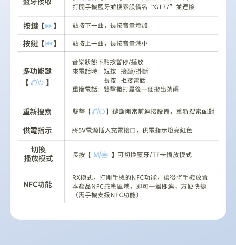 藍牙接收打開手機藍牙並搜索設備名“GT77”並連接按鍵點按下一曲,長按音量增加按鍵【點按上一曲,長按音量減小音樂狀態下點按暫停播放多功能鍵【60】來電話時:短按 接聽/掛斷長按 拒接電話重撥電話:雙擊撥打最後一個撥出號碼重新搜索雙擊【/】鍵斷開當前連接設備,重新搜索配對供電指示將5V電源插入充電接口,供電指示燈亮紅色切換播放模式NFC功能長按【M】可切換藍牙/TF卡播放模式RX模式,打開手機的NFC功能,讓後將手機放置本產品NFC感應區域,即可一觸即連,方便快捷(需手機支援NFC功能)