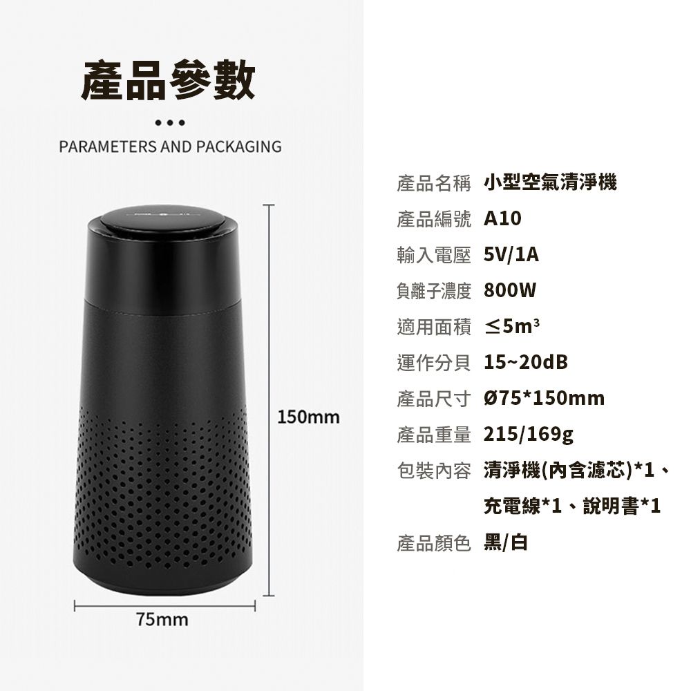 產品參數PARAMETERS AND PACKAGING產品名稱 小型空氣清淨機產品編號 A10輸入電壓 5V/1A負離子濃度 適用面積 ≤5m3運作分貝 15~20dB75mm產品尺寸 *150mm150mm產品重量 215/169g包裝內容 清淨機(內含濾芯)*1、充電線*1、說明書*1產品顏色 黑/白