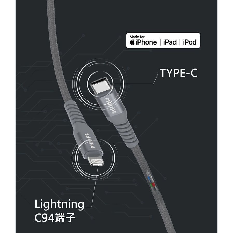 Apple 蘋果 (超值2入組)PHILIPS 飛利浦 Type-C to Lightning 1M手機充電線 DLC4531V