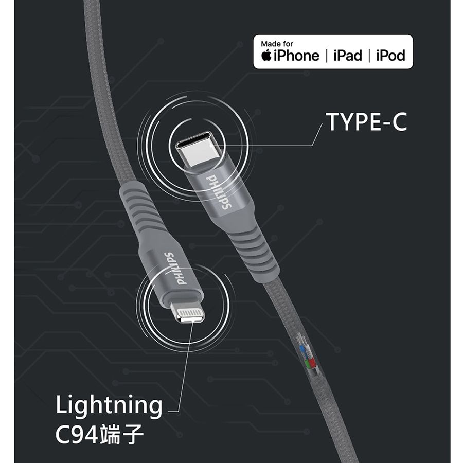 PHILIPS 飛利浦   1.6m Type-C to Lightning手機充電線 DLC4559V/灰