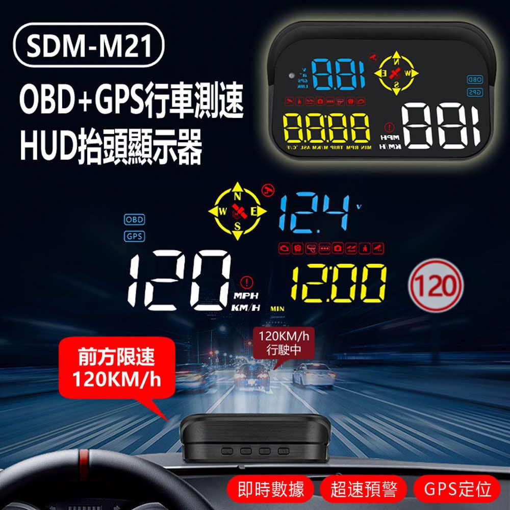  SDM-M21 OBD+GPS行車測速HUD抬頭顯示器 即時數據 超速/限速預警 GPS定位