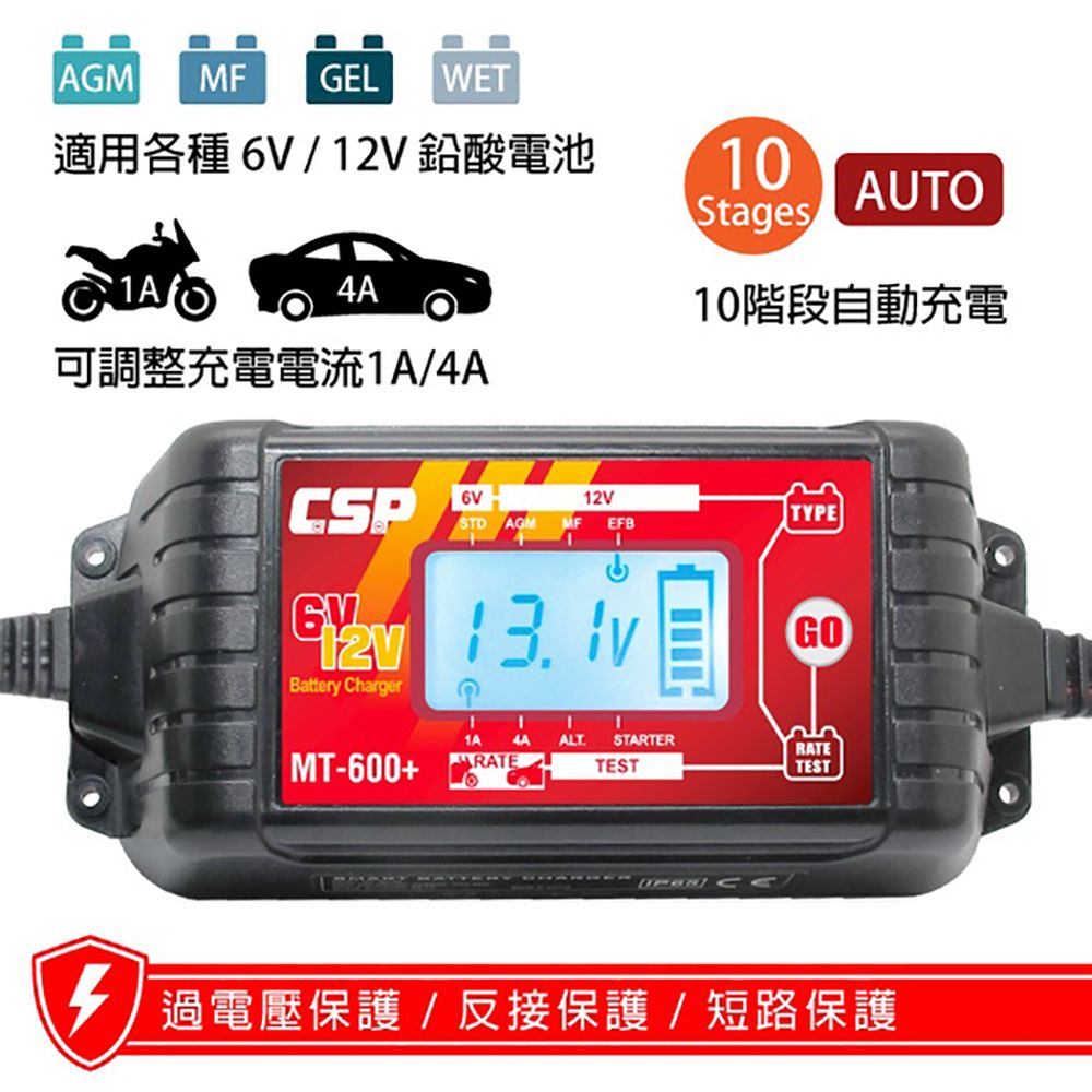 CSP MT600+脈衝式智能充電器(適合充鉛酸電池 童車/維護/脈衝/檢測/ 6V/12V用)