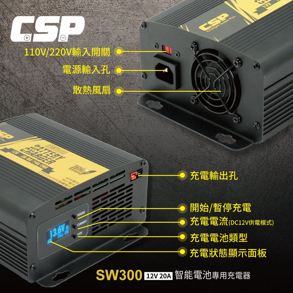 CSP SW300 12V20A 汽車電池 機車電池 電池充電 車用充電 AGM 磷酸鋰鐵 WET MF電池 