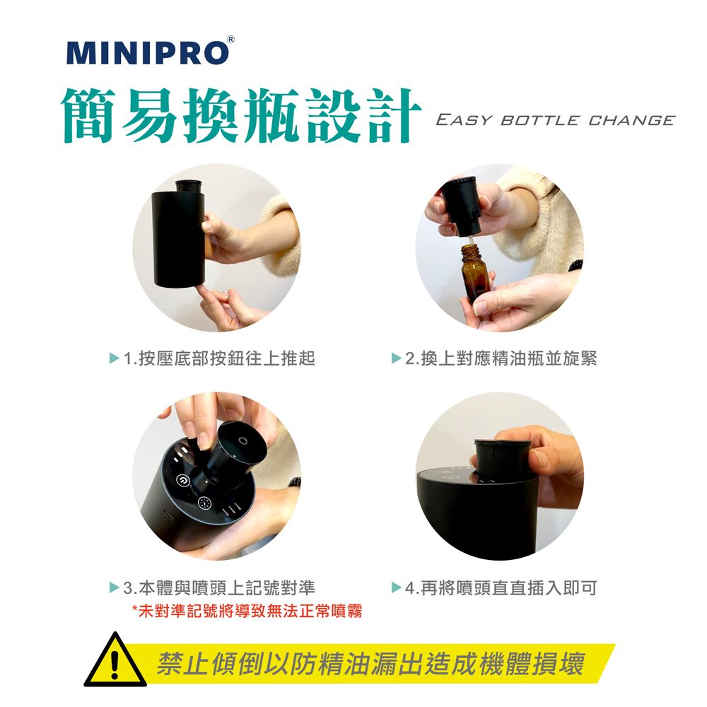 MINIPRO簡易換瓶設計EASY BOTTLE CHANGE1.按壓底部按鈕往上推起▶ 2.換上對應精油瓶並旋緊▶3.本體與噴頭上記號對準▶4.再將噴頭直直插入即可*未對準記號將導致無法正常噴霧禁止傾倒以防精油漏出造成機體損壞