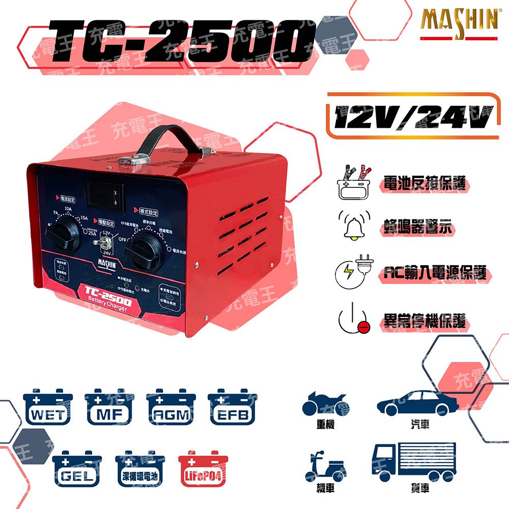 麻新電子 麻新 TC-2500 12/24V 汽機車專用微電腦全自動充電器