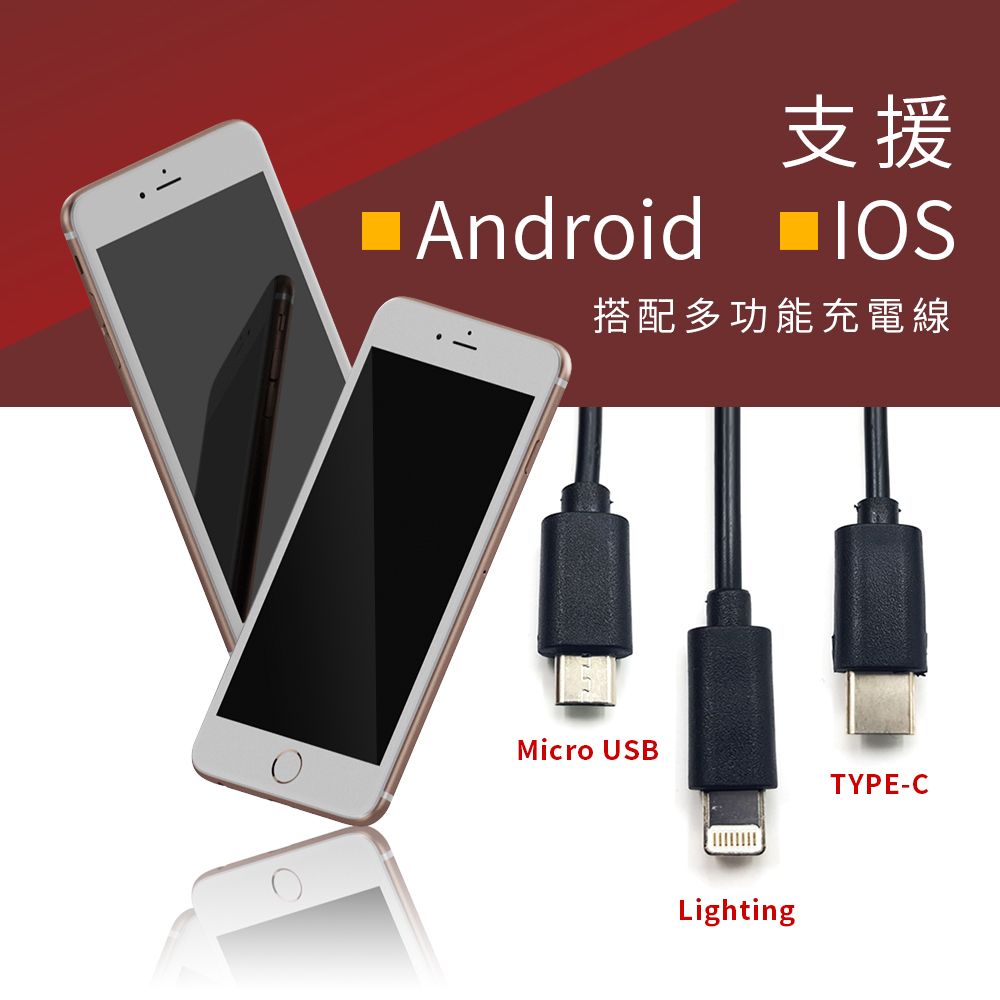 支援Android 搭配多功能充電線Micro USBTYPE-CLighting