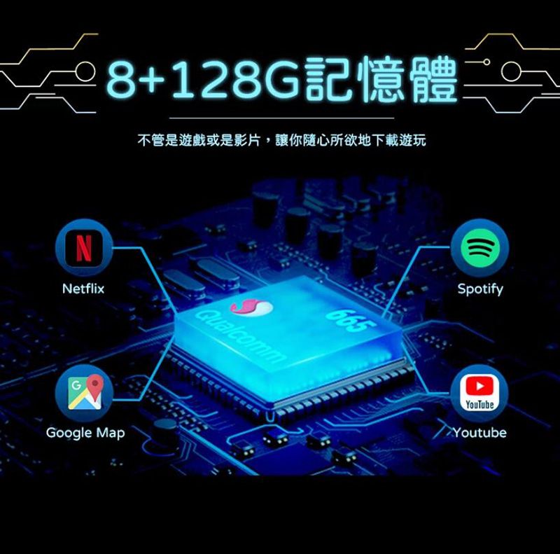 N8+128G 不管是遊戲或是影片,讓你隨心所欲地下載遊玩NetflixGoogle MapSpotify665QualcommYouTubeYoutube