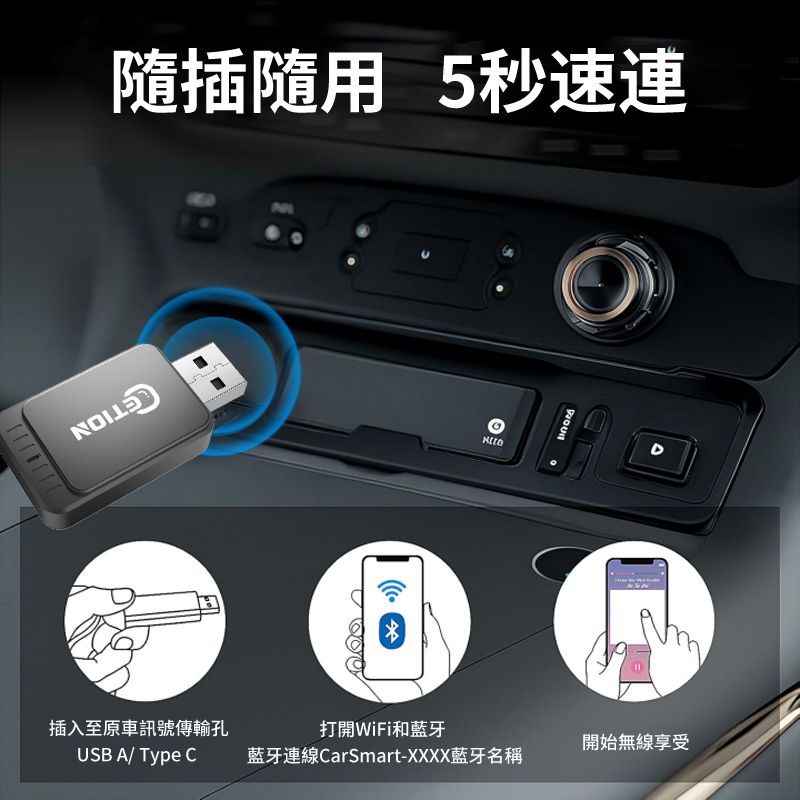 隨插隨用 5秒速D插入至原車訊號傳輸孔USB A/ Type C打開WiFi和藍牙開始無線享受藍牙連線CarSmart-XXXX藍牙名稱