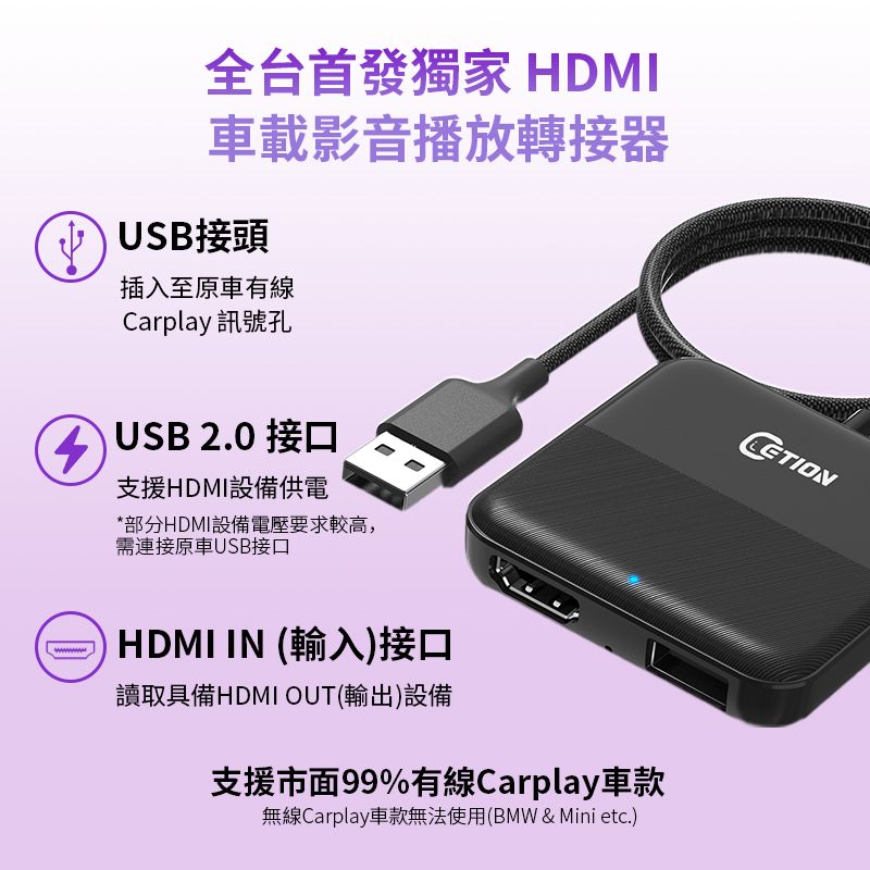 全台首發獨家 HDMI車載影音播放轉接器USB接頭插入至原車有線Carplay 訊號孔 USB 2.0 接口支援HDMI設備供電*部分HDMI設備電壓要求較高,需連接原車USB接口HDMI IN 輸入)接口讀取具備HDMI OUT(輸出)設備支援市面99%有線Carplay車款無線Carplay車款無法使用(BMW & Mini etc.)