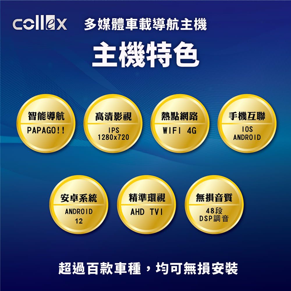 多媒體車載導航主機主機特色智能導航高清影視熱點網路手機互聯PAPAGO!!IPS1280x720WIFI 4GANDROID安卓系統精準環視無損音質ANDROIDAHD TVI48段12DSP調音超過百款車種,均可無損安裝