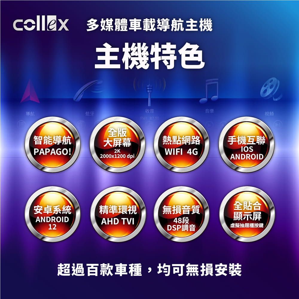 多媒體車載導航主機主機特色導航收音藍牙FM1 全版智能導航大屏幕熱點網路PAPAGO!2KWIFI 4G2000x1200 dpi音樂視頻手機互聯IOSANDROID安卓系統精準環視無損音質全貼合ANDROIDAHD TVI48段顯示屏12DSP調音虛擬抽屜櫃按鍵超過百款車種,均可無損