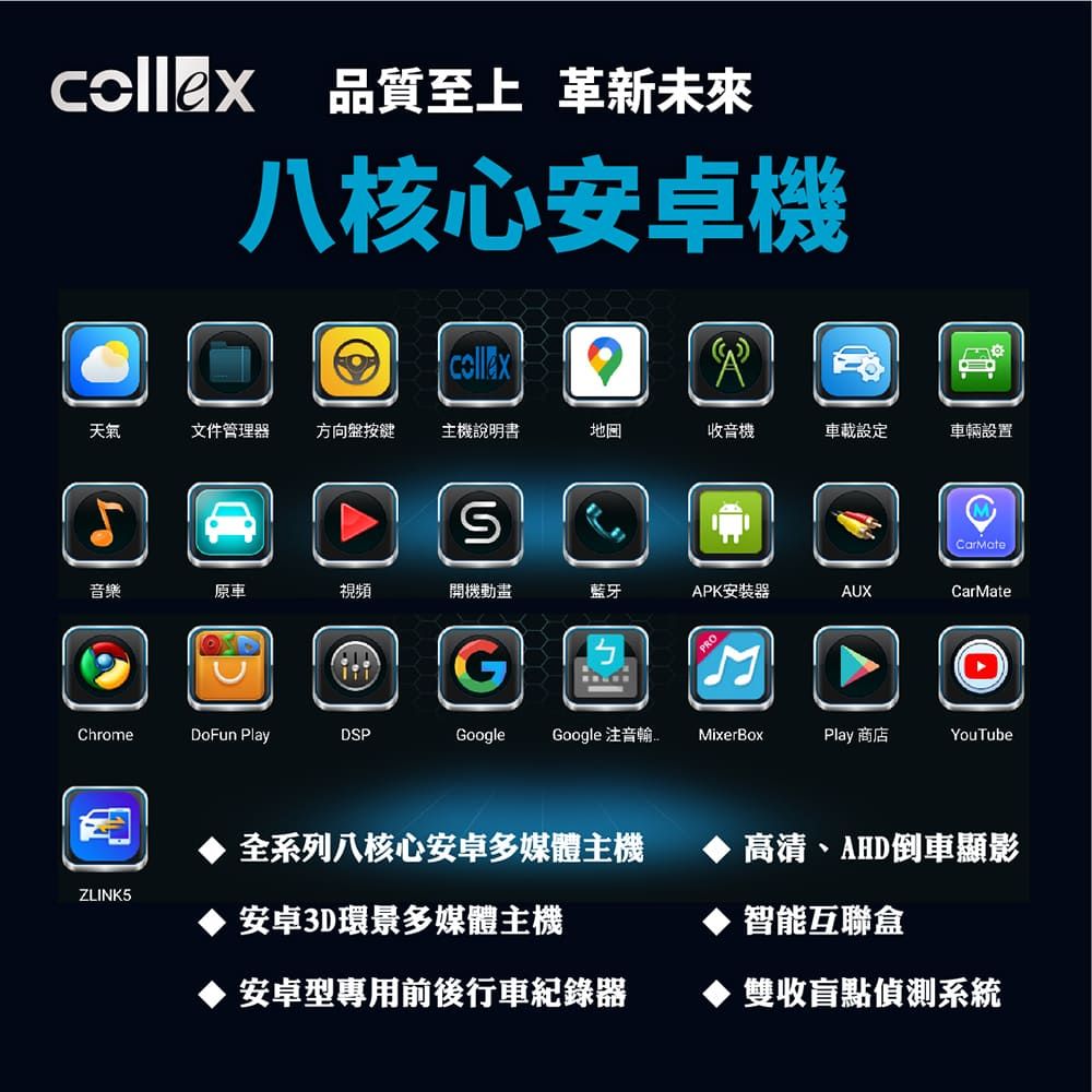 品質至上 革新未來八核心安卓機天氣文件管理器方向盤按键主機說明書地回收音機車載設定車輛設置 GCarMate音樂原車視頻開機藍牙APK安裝器AUXCarMateGChrome PlayDSPGoogleGoogle MixerBoxPlay 商店YouTube全系列八核心安卓多媒體主機高清、AHD倒車顯影ZLINK5安卓3D環景多媒體主機智能互聯盒安卓型專用前後行車紀錄器雙收盲點偵測系統