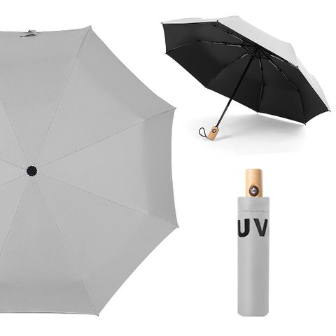 【幸福揚邑】降溫抗UV防風防撥水大傘面全自動開收木柄晴雨摺疊傘-灰一把好傘，值得擁有